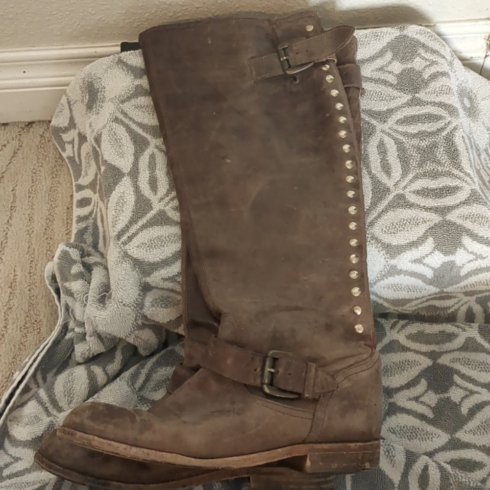 Steve Madden tall,real leather boots with red zipper, gold tacks so cute!